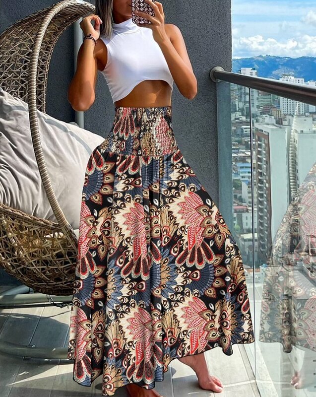 Gadis cantik 2024 baru Retro bunga suku cetak pinggang tinggi selendang celana kaki lebar kasual Y2K pakaian jalan
