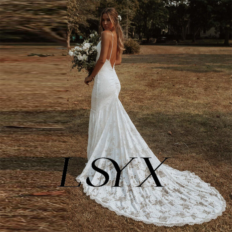 LSYX Deep V-Neck Sleeveless Lace Mermaid Wedding Dress Spaghetti Strap Court Train Backless Bridal Gown Custom Msde