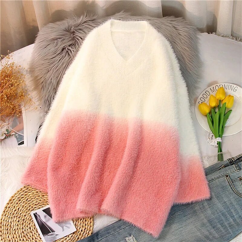 Женский бархатный свитер, Свободный Длинный пуловер контрастных цветов с имитацией меха норки, Осень-зима 2023