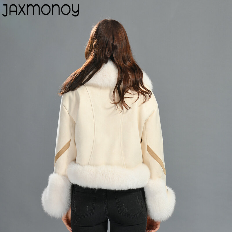 Jaxmony-女性のための冬の本物のキツネの毛皮のコート,新しいスタイル,暖かい白,ファッショナブルなダックダウンジャケット,長袖のアウターウェア,冬,2022