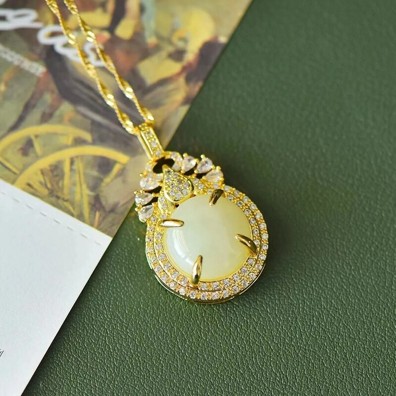 Kalung liontin giok putih Hetian alami bertatahkan tembaga hadiah perhiasan liontin kalung wanita mewah perhiasan batu permata anak perempuan bergaya
