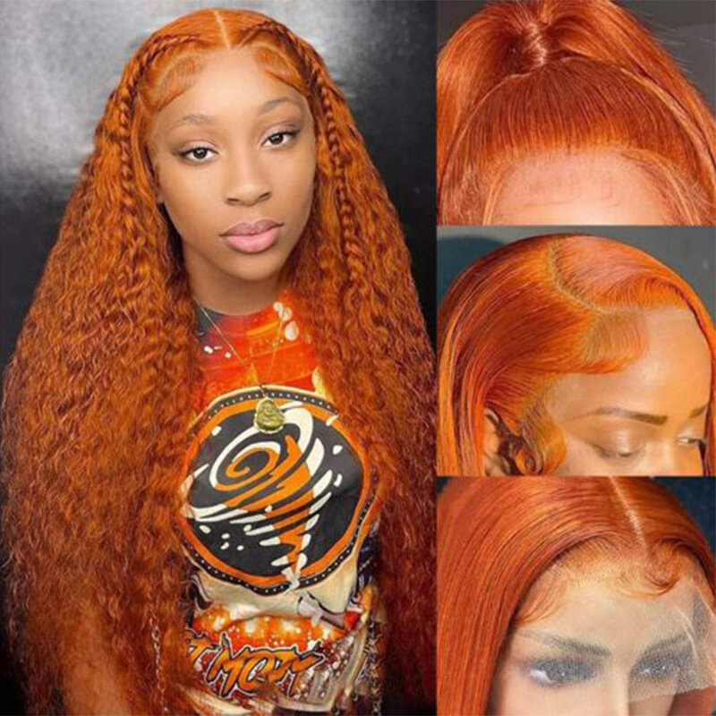 باروكات شعر طبيعي مجعد للنساء ، باروكة أمامية مموجة عميقة ، زنجبيل برتقالي ، باروكة أمامية دانتيل ، 13x4 ، 13x6 HD ، 30in