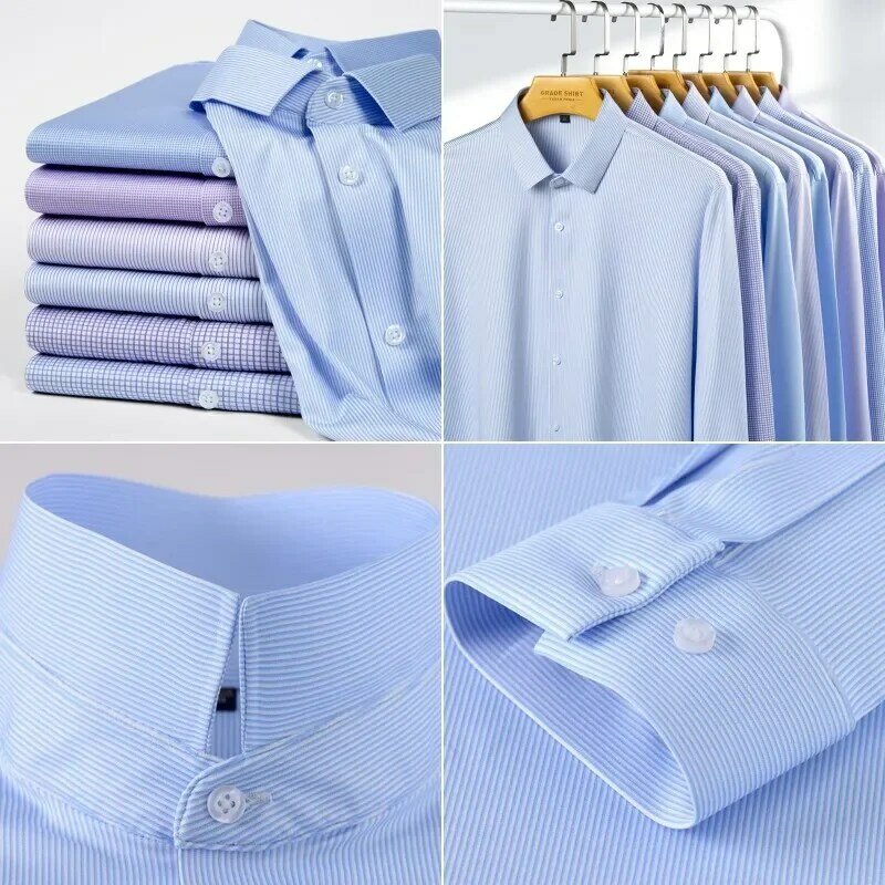 Camisa listrada de manga comprida masculina, elástica, anti-rugas, vestido, slim fit, social, blusa de negócios, alta qualidade, nova