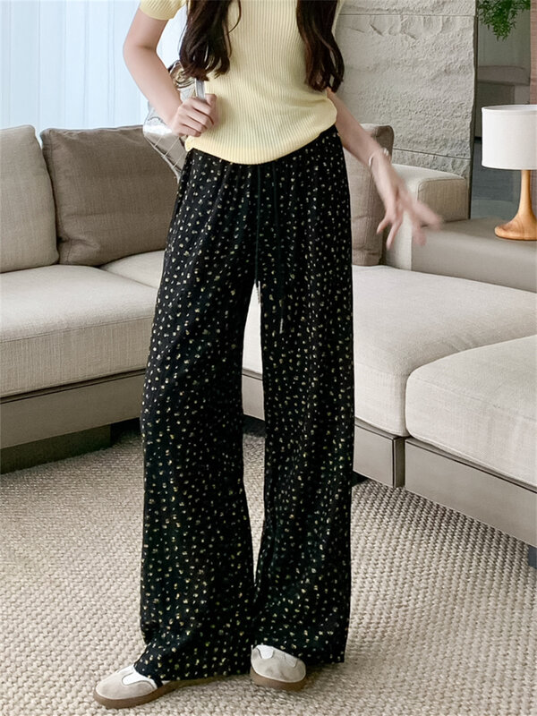 PLAMTEE M-XL Women Straight Trousers Chic Loose 2024 New Casual Wide Leg Printed Florals Daily Office Lady Summer Pants