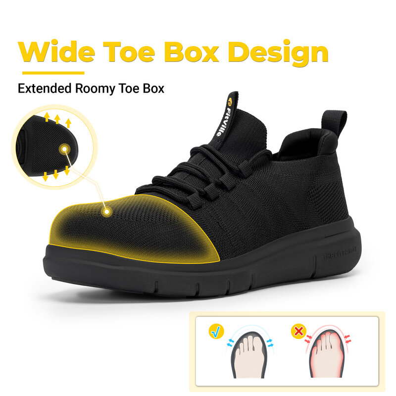 FitVille zapatos de trabajo para hombre, calzado de seguridad Extra ancho, antideslizante, a prueba de perforaciones, ligero, adecuado para pies hinchados, soporte para arco