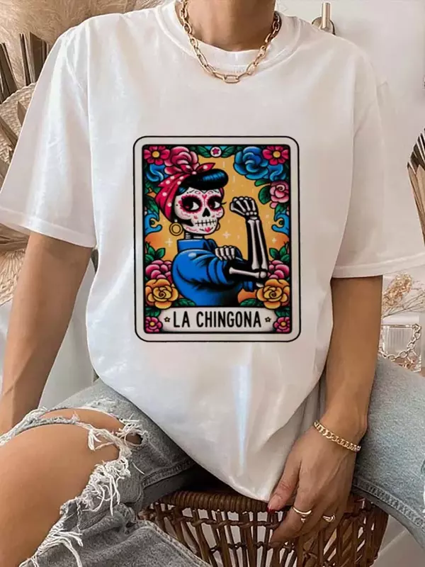La Chingona-Camiseta feminina estampada de manga curta, estilo casual, com decote em T, letra divertida