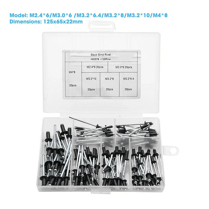 Alumínio Blind Rivet Pull Rivet Set, Mushroon Head, Break Mandrel, Nail Pop Rebites, Preto, M2.4, M3.2, M4, 120Pcs