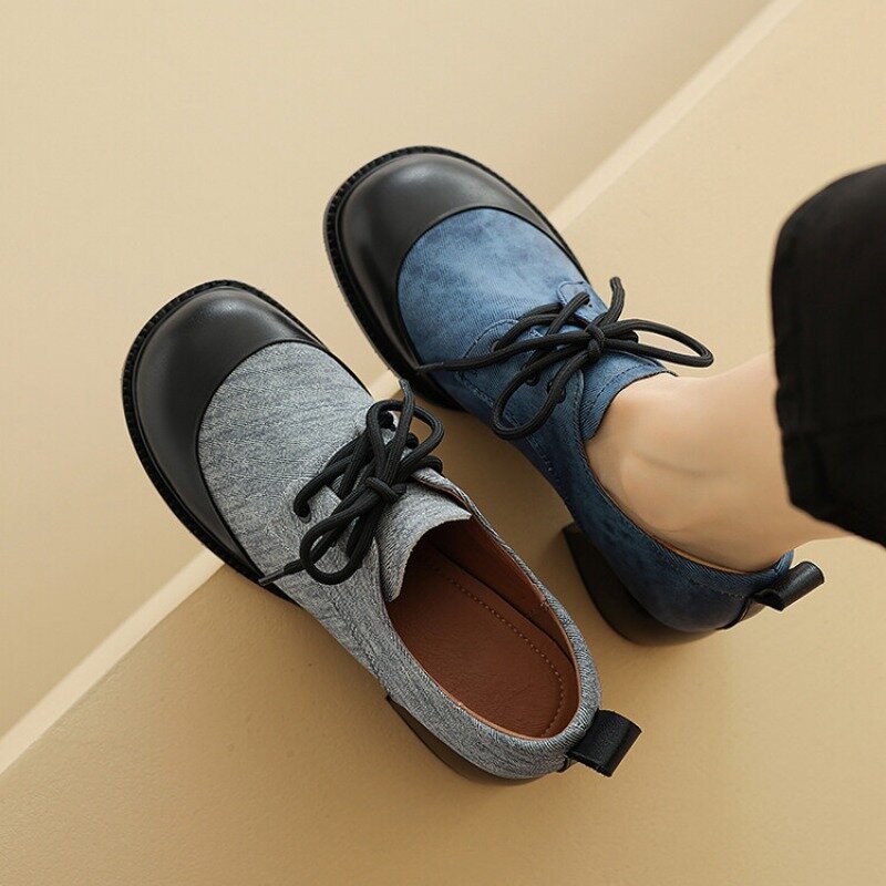 حذاء فردي برباط من الجلد الطبيعي ، كعب سميك بمقدمة مستديرة ، نعل ناعم ، أحذية كاجوال نسائية متعددة الاستخدامات ، أحذية للتنقل