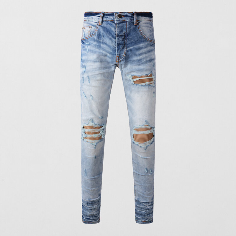 Джинсы мужские Стрейчевые в стиле ретро, модные рваные джинсы скинни, с заплатками, дизайнерские Брендовые брюки в стиле хип-хоп, синие