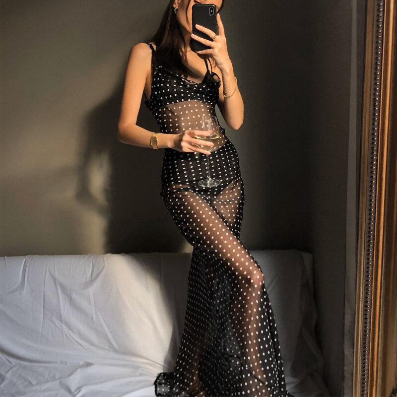 Summer Sexy Backless Perspective Prom Dress Mesh Polka Dot Suspender Party Gown Back Tie Up Cover Up Beach Vacation Robes