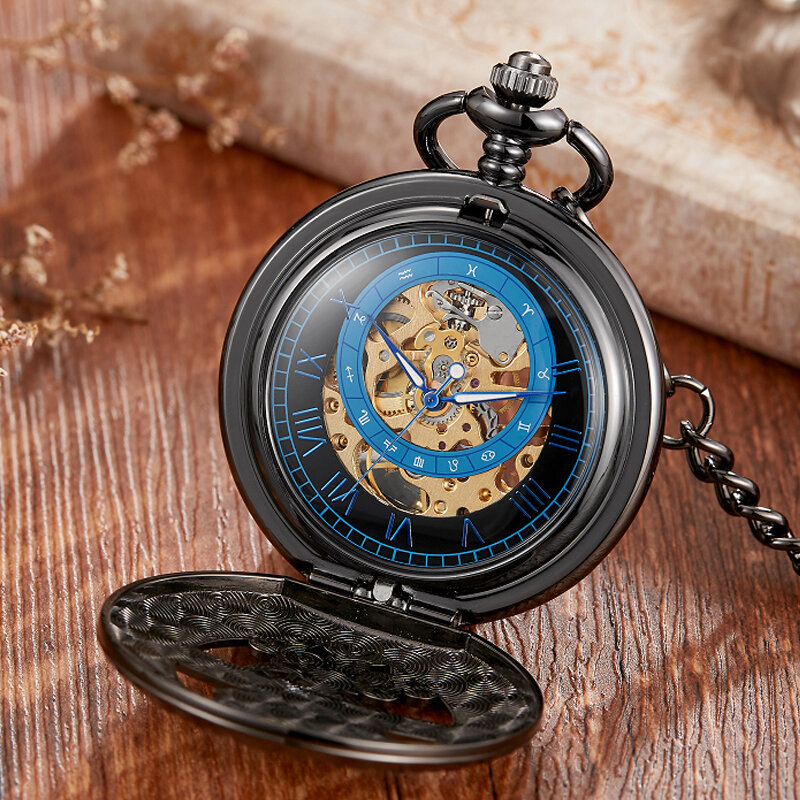 اليد الرياح الميكانيكية ساعة الجيب خمر الجوف الأزرق القمر ستار Steampunk الهيكل العظمي ساعة الأرقام الرومانية على مدار الساعة مع سلسلة فوب