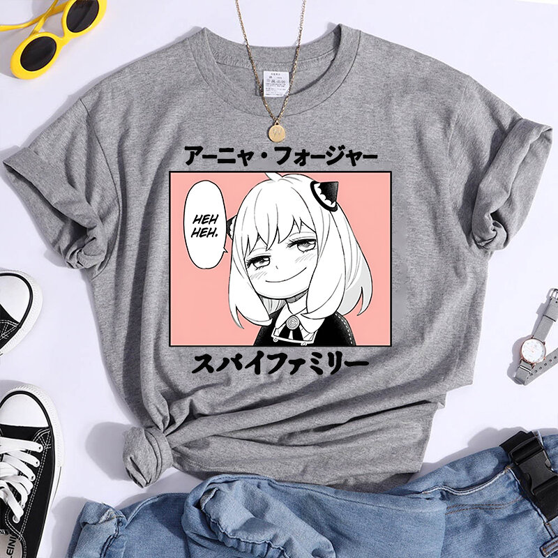 Camiseta estampada engraçada de Anya Forger feminina, unissex, solta, casual, plus size, camiseta gráfica, tops de anime, moda verão