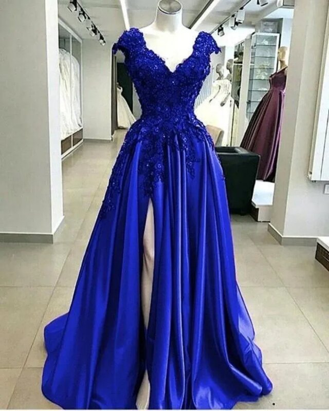 2024New Elegant Women Formal Dress V-Neck Cap Sleeves Lace Appliques Evening Dress A-Line Satin Prom Party Dress Robes de soirée