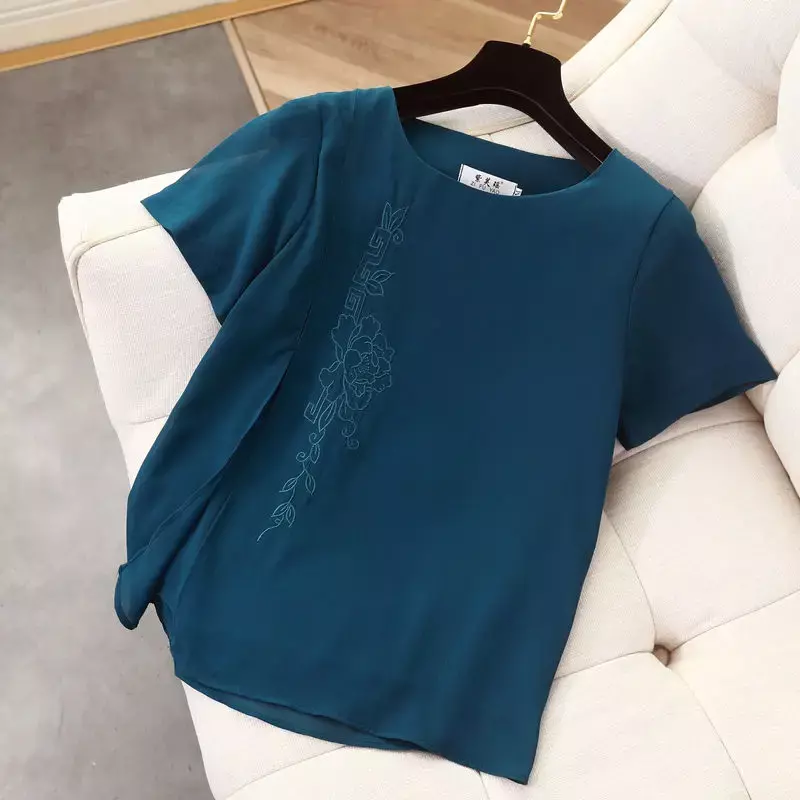 YUQI-blusa holgada de chifón para mujer, camisa de manga corta bordada, informal, con cuello redondo y abertura lateral, para verano