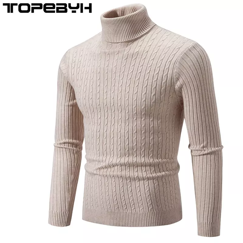 Мужской осенне-зимний вязаный свитер с высоким воротником, облегающие теплые свитеры с длинным рукавом