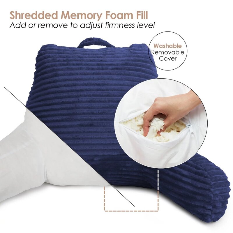 Подушка для чтения спинки, подушка для поддержки спины с подлокотниками, измельченная подушка для кровати из пены с эффектом памяти, среднего размера, темно-синего цвета
