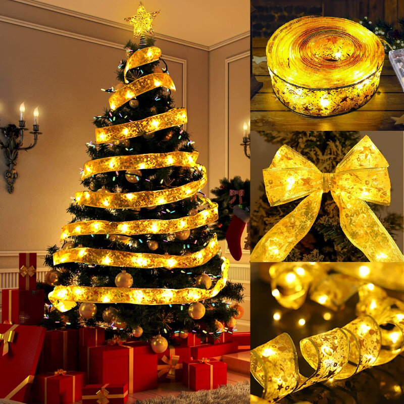 크리스마스 새틴 LED 리본 조명, 크리스마스 트리, 따뜻한 흰색 장식 조명, 이중 레이어 도금 발광 리본 조명
