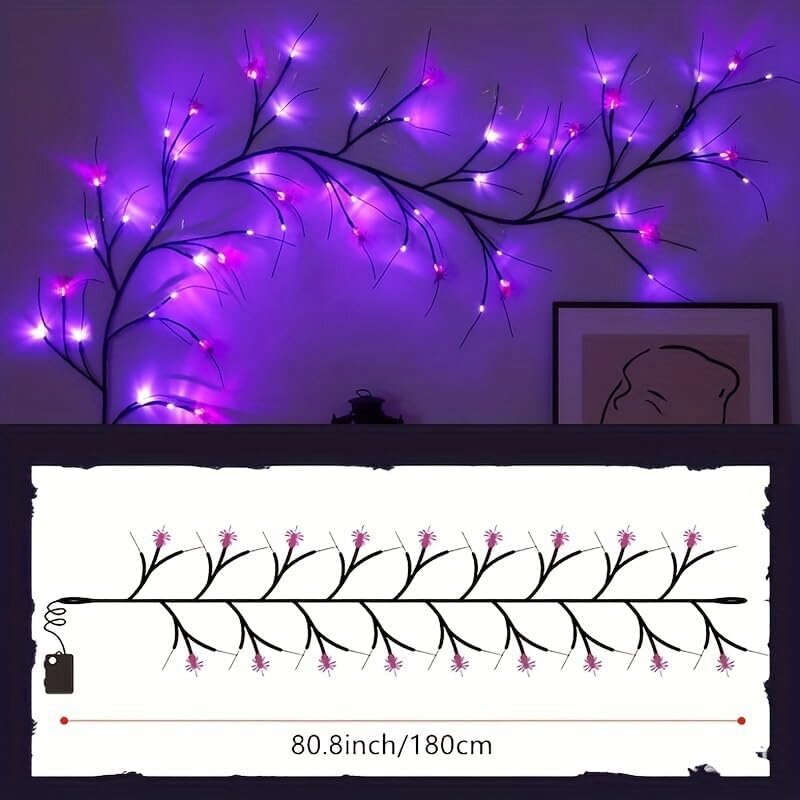 HLZS-Luzes de Halloween Vine, cor preta e roxa com aranha, árvore decorativa para o Halloween, decoração interior e exterior