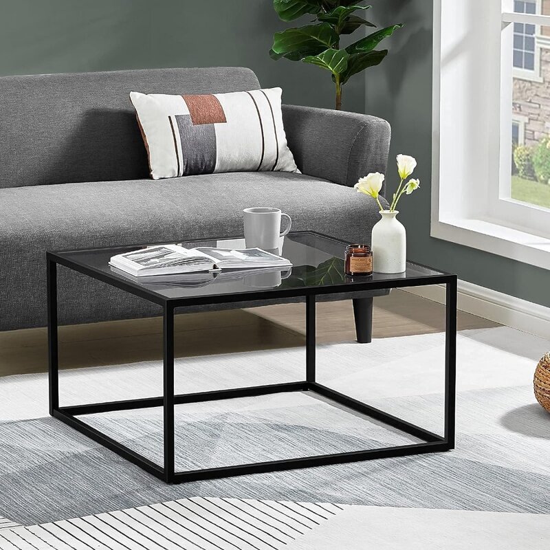 SAYGOER Glass Coffee Table, Small Modern Coffee Table Square Simple Center Tables for Living Room 26.7 x 26.7 x 15.7 Inches