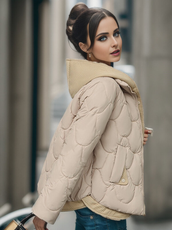 Parkas femininas com capuz curto, casaco frio, estilo coreano, duas peças falsas, nova moda, 2023