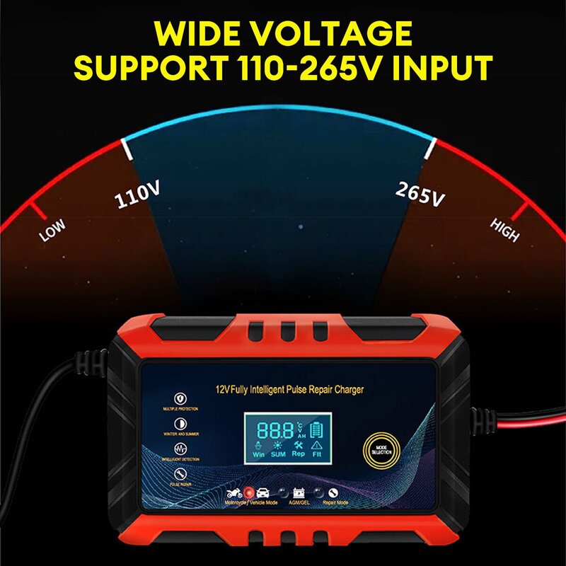 Car Battery Charger 12V Intelligent Pulse Repair LCD Display Car Battery Motorcycle Battery Charging Battery Repair Charger