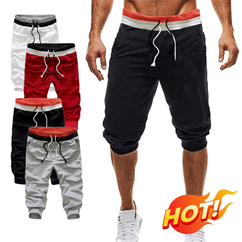 Men's Oversized Drawstring Cropped Trousers Splice Jogger Casual Fitness Street Pant Breathable Plus Size Color Contrast Pants