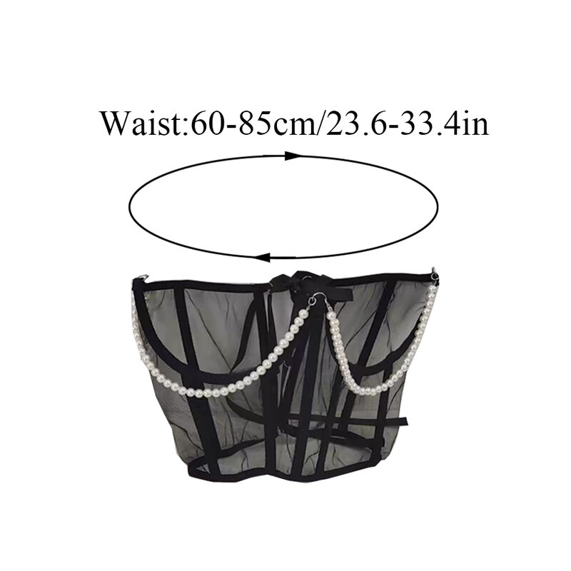 Cintura corsetto larga in rete trasparente da donna elegante cintura a vita alta con lacci Cummerbund catena di perle bustier top abito cintura decorativa