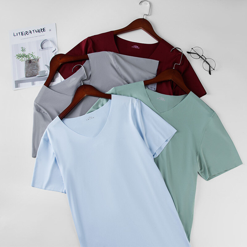 Camisa de manga curta sem costura casual com decote em v camisa de manga curta camisetas de roupas masculinas blusa streetwear