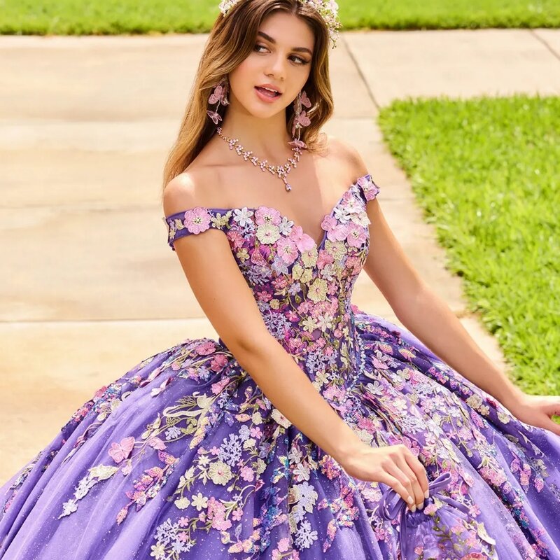 Romantyczna suknia balowa z dekoltem w kształcie suknie balowe Quinceanera błyszcząca kolorowa aplikacja księżniczka długa słodka sukienka 16 przedsionek