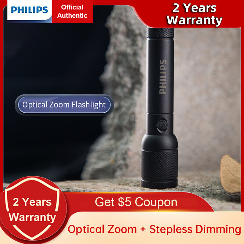 Philips-linterna portátil con Zoom óptico, 4 modos de iluminación, luces de Camping recargables para autodefensa, USB-C