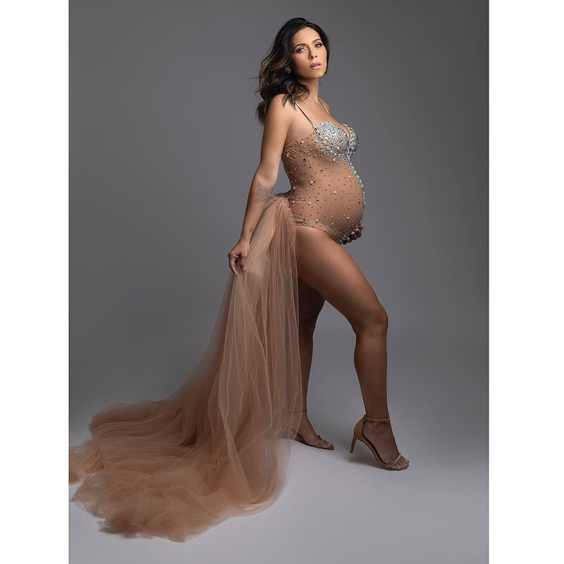 Fotografia ciążowa Sexy bogini dekolt w szpic perły luksusowe elastyczne kombinezony sukienka dla sesja zdjęciowa rekwizytów