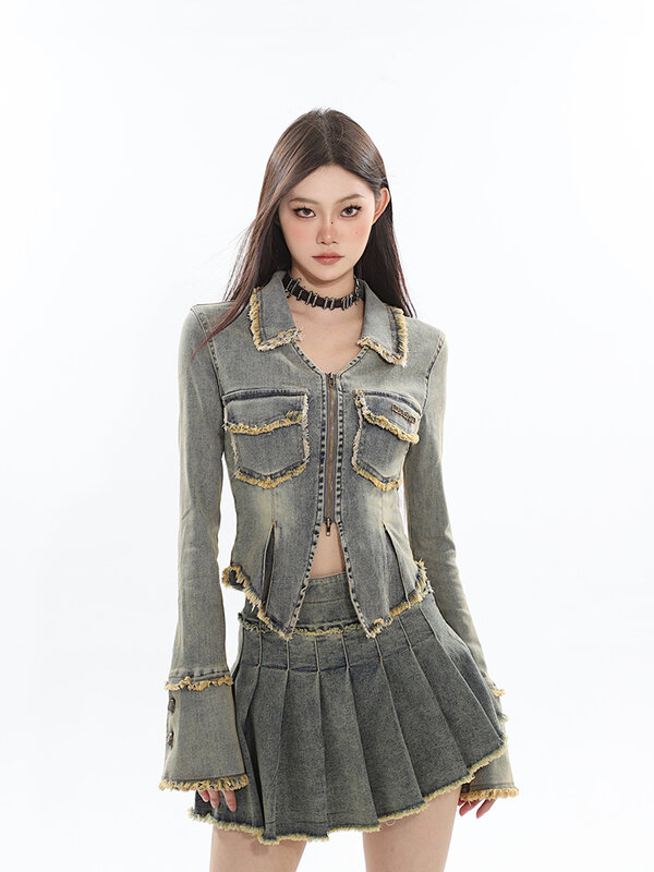 Herbst Frauen koreanische Mode Vintage Flut Denim Rave Outfits 2 Stück Set Langarm Jeans jacke y2k Gyaru Mini Falten röcke