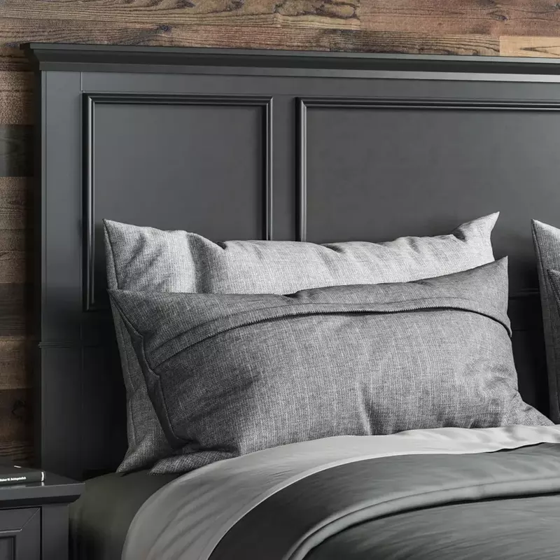 The headboard features solid mahogany, brush stroke finish, raised panel design, and rich white finish