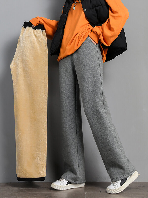 Pantalones gruesos de felpa para mujer, pantalón de Cachemira de piel de cordero, de cintura alta, de algodón y lana, holgado, de pierna ancha, de invierno