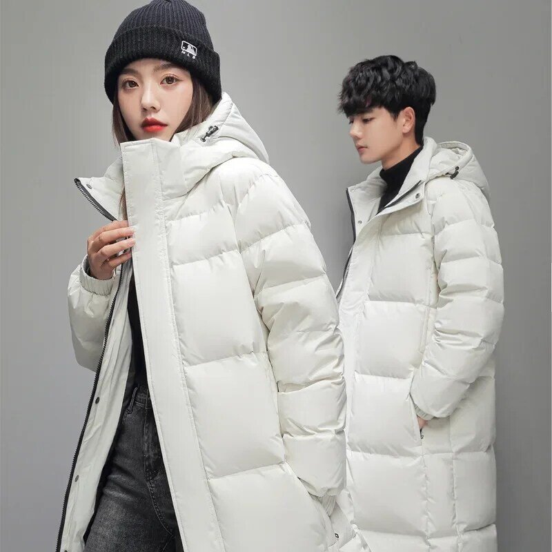 Зимние длинные пальто на утином пуху для мужчин и женщин, Белые Повседневные пуховики с капюшоном, качественные парные уличные ветрозащитные теплые куртки 5