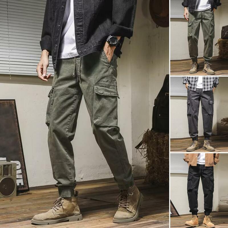 Autumn Men Cargo Pants Solid Color Multi Pockets Elastic Waist Drawstring Loose Streetwear Bottoms Ankle Tied Trouser Sportswear