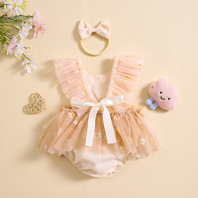 新生児の女の子のための弓のヘッドバンド付きの花のロンパース、フライスリーブ付きの衣装、夏の服