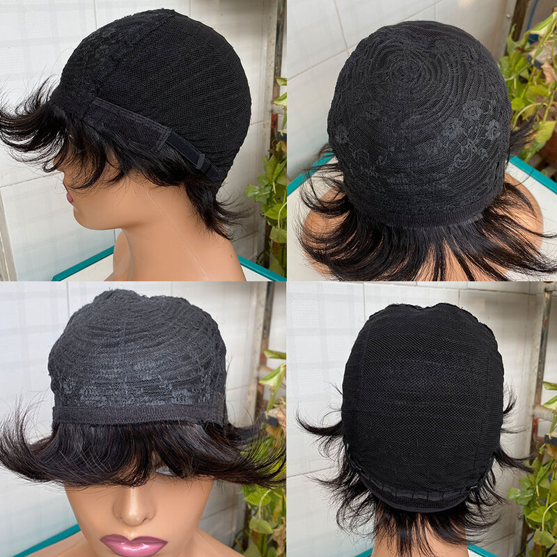 Clearence fryzura Pixie peruki z krótkim bobem dla czarnych damskie ludzkie włosy peruka z Bang brazylijski prosto pełna maszyna tanie peruki