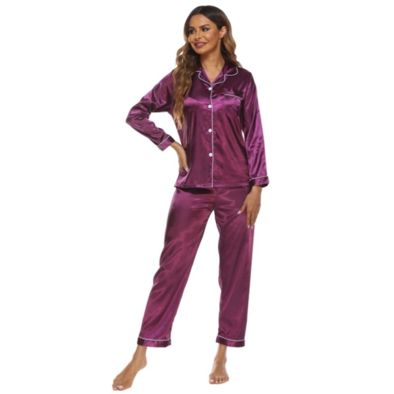 Women's Thin Simulation Silk Pajamas Solid Color Flip Collar Long Sleeve Cardigan Pants Oversized Sexy Satin Home Clothing Set