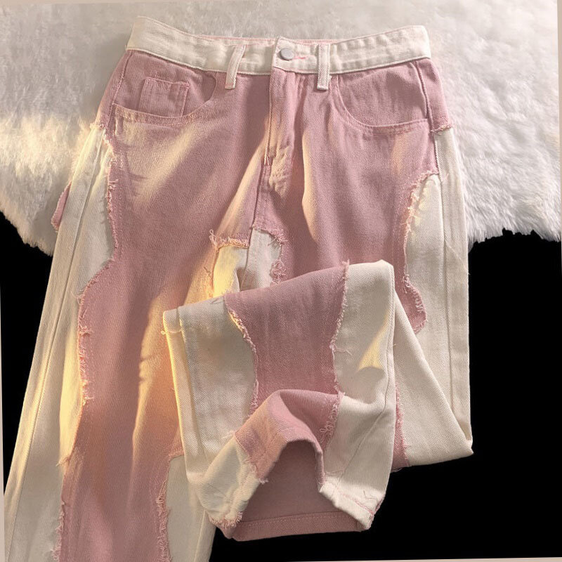 Design Sinn Patchwork rosa Jeans für Frauen Frühling Sommer neue lose lässige gerade weites Bein Hosen Retro Reiß verschluss weibliche Hose