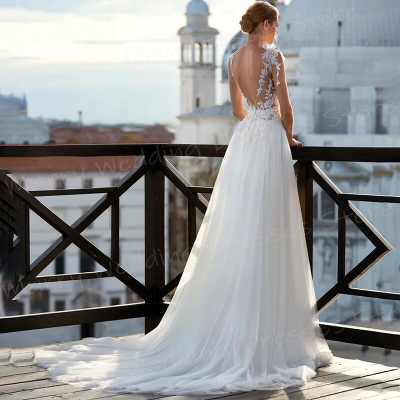 Женское свадебное платье без рукавов, с кружевной аппликацией и открытой спиной