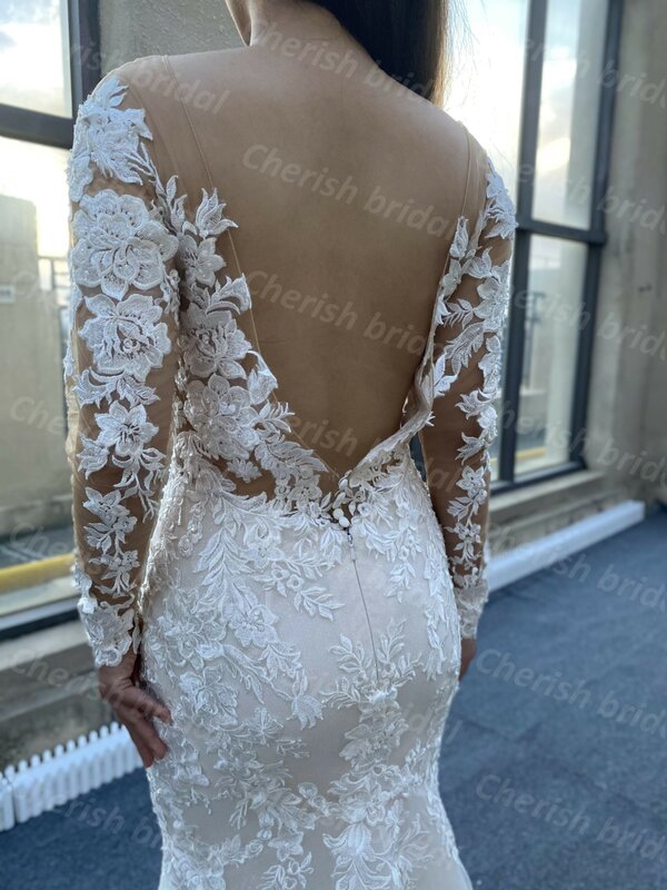 C3019M Elegant Lace Applique and Beading Mermaid Bridal Dress Wedding Dresses, Long Sleeve Illusion Lace Bride Dresses Women