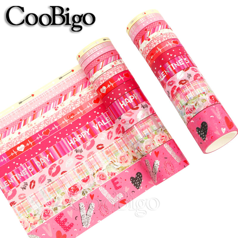 Juego de cinta Washi de San Valentín rosa, pegatina adhesiva para decoración de álbum de recortes, diario, libro de notas, suministros de papelería escolar, 14 rollos por lote