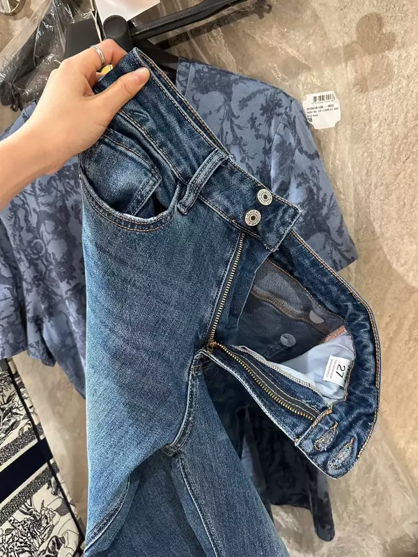 2024 baru kedatangan musim semi musim panas kualitas tinggi biru pergelangan kaki panjang Lurus Jeans celana Denim