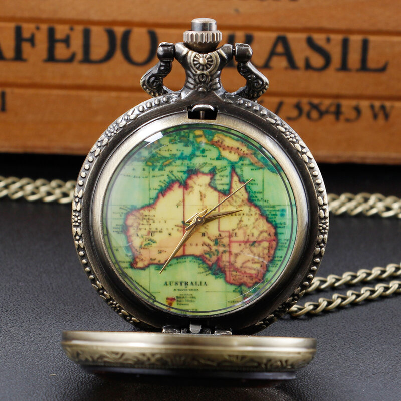 New Arrivals Vintage Map Quartz Pocket Watch with Necklace Chain Exquisite Men Fob Watch Pendant Gift relogio masculino