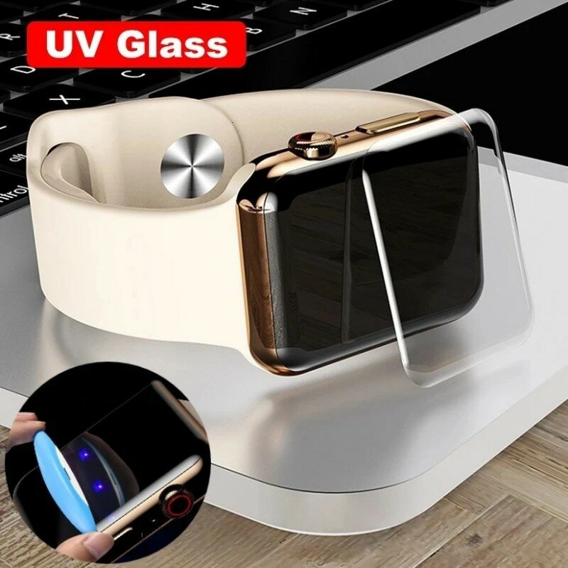 กระจกนิรภัย UV สำหรับนาฬิกา Apple 8 7 45มม. 41มม. 6 5 9 SE 40มม. 44มม. อุปกรณ์ป้องกันหน้าจอสำหรับ iWatch 3 2 1 38มม. 42มม. แก้วป้องกัน