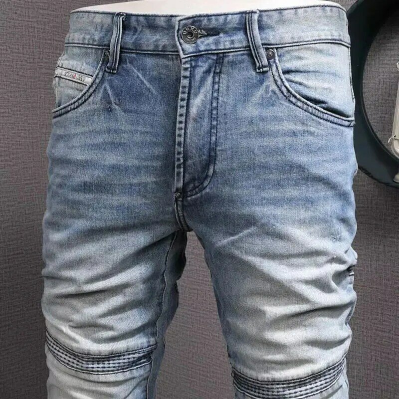 Mode Streetwear Männer Jeans Retro blau Stretch Slim Fit gespleißt Biker Jeans Homme Patched Designer Hip Hop Jeans hose Männer