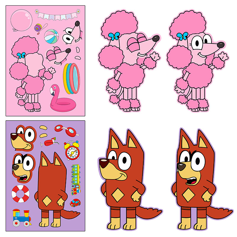 Blue Bingo Cartoon Puzzle Adesivos para Crianças, Bonito Anime Kawaii Adesivos, Diy Color Handbook Adesivo, Brinquedos Animais, Presente da Menina, 6 Pcs, 12Pcs