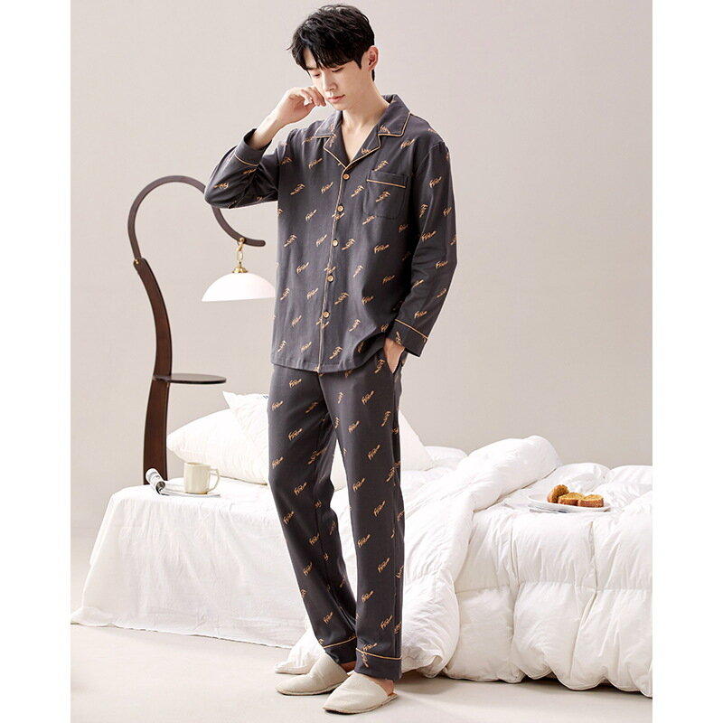 Conjunto de pijama de algodón para hombre, ropa de dormir con estampado de manga larga, cárdigan, ropa de estar por casa, novedad de 2024