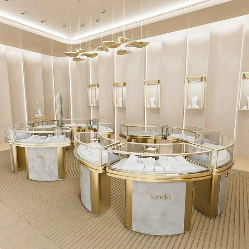 Aço inoxidável metal esmeralda gabinete, leve jóias Showcase, tampo da mesa, extravagante joalheria, personalizado